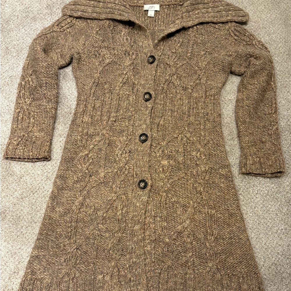 Ann Taylor Loft Cable Knit Long Cardigan Brown Wool Alpaca Blend Size Med. Wm’s